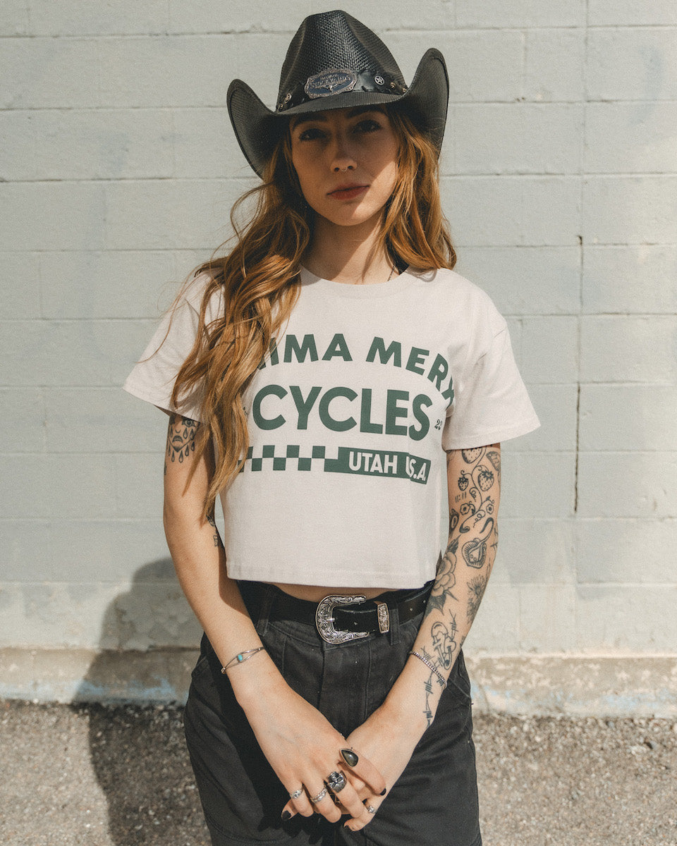 ANIMA MERX CYCLES GRAPHIC CROP-TEE: BONE